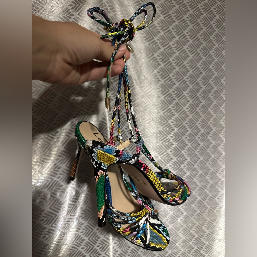 NWOT - lemon drop by privileged multi colored tie up snake print heels
